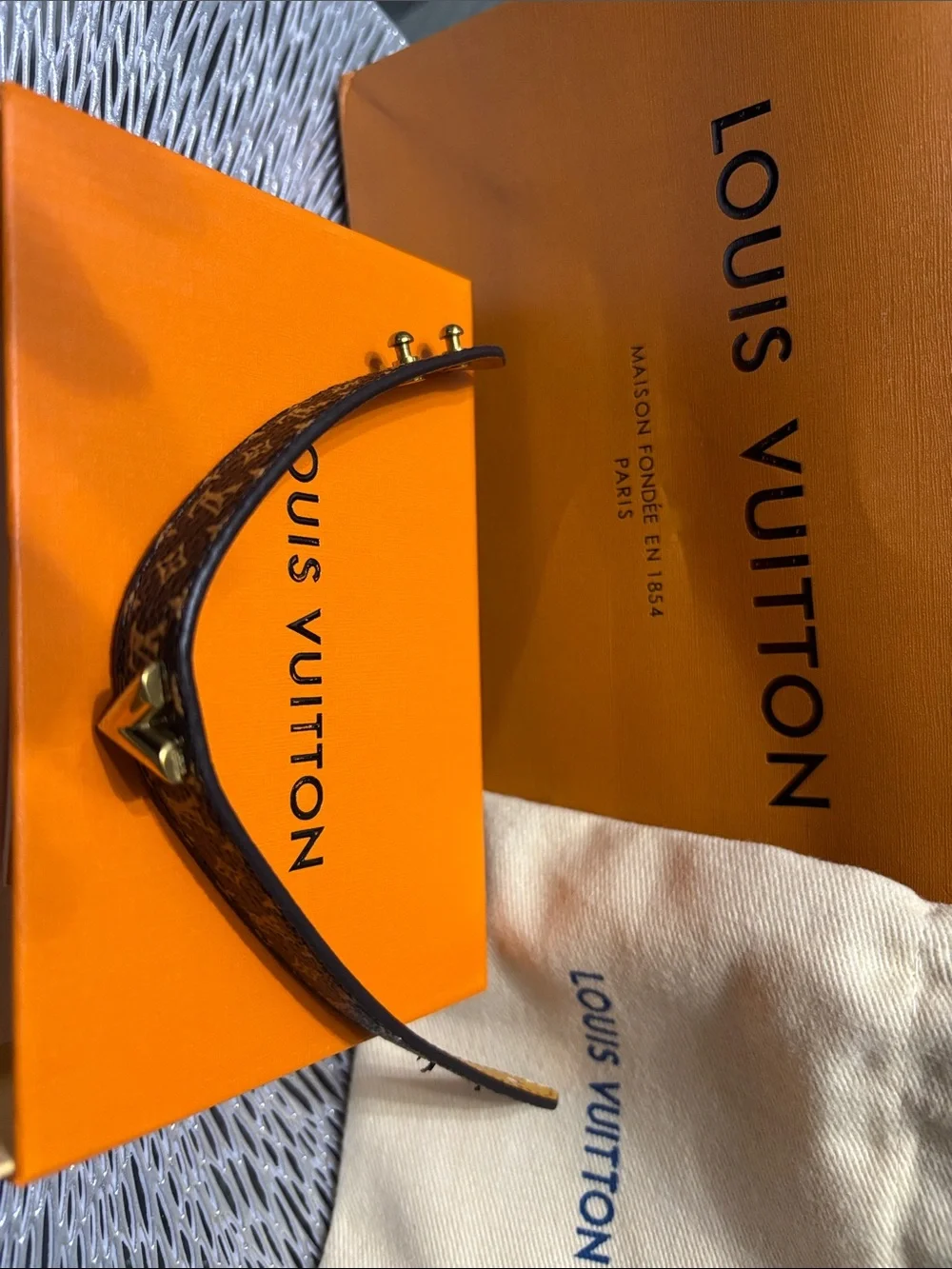 Louis Vuitton Monogram Brown Leather Bangle with Gold Hardware